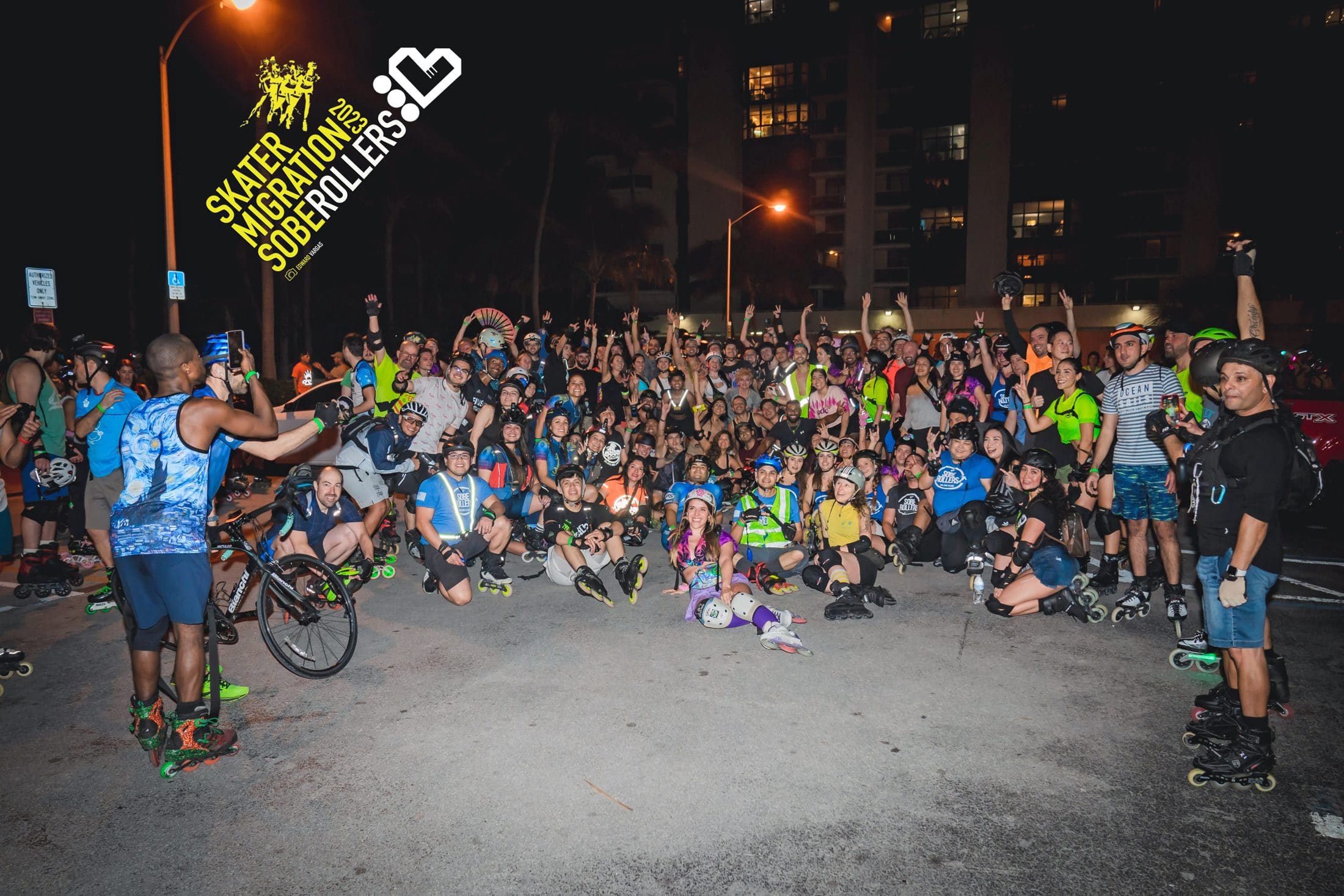 A big Skater Migration night group gathered under the street lights