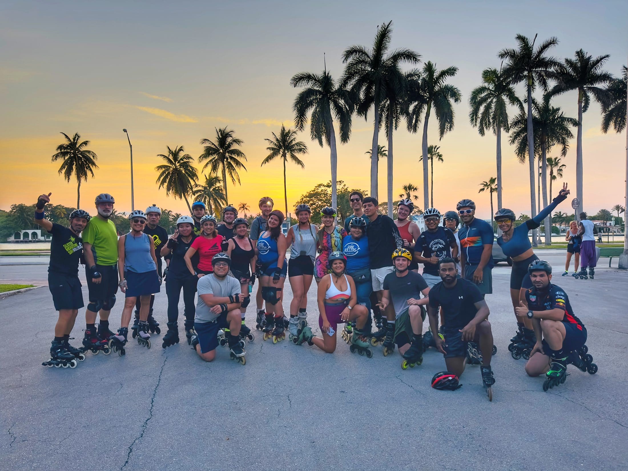 A group of skaters posing in front of tall palm trees at sunset